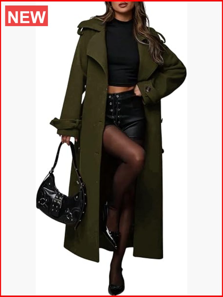 Women's Double Breasted Midi Long Wool Coat With Belt Notch Lapel Business